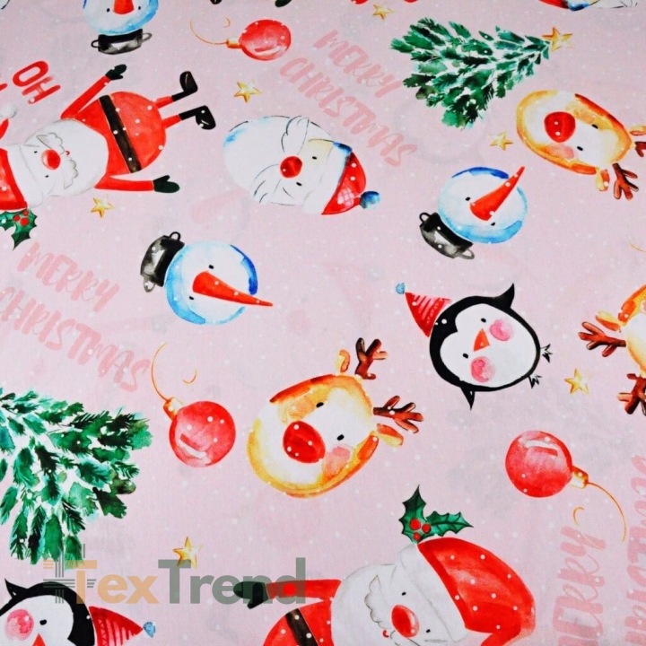 Jersey-Stoff digitaler Druck - weihnachtliche Weihnachtsmänner und Schneemänner auf rosa Hintergrund  