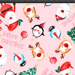 Jersey-Stoff digitaler Druck - weihnachtliche Weihnachtsmänner und Schneemänner auf rosa Hintergrund  