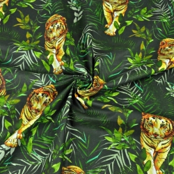 Baumwolle 100% Tiger mit Palmblättern auf dunkelgrünem Hintergrund  