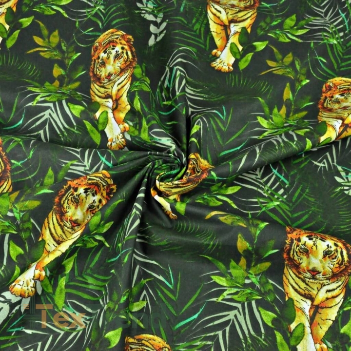 Baumwolle 100% Tiger mit Palmblättern auf dunkelgrünem Hintergrund  