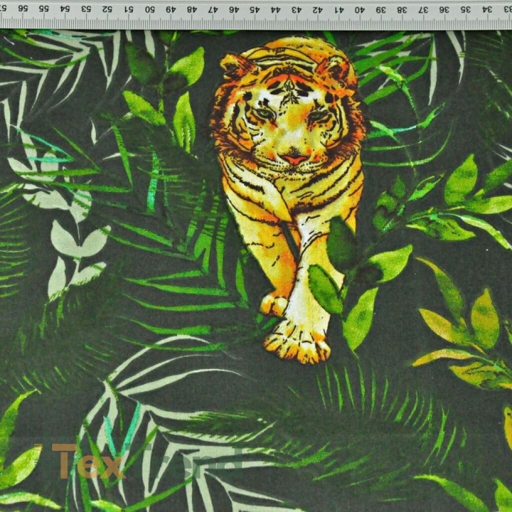 Baumwolle 100% Tiger mit Palmblättern auf dunkelgrünem Hintergrund  