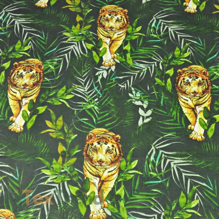 Baumwolle 100% Tiger mit Palmblättern auf dunkelgrünem Hintergrund  