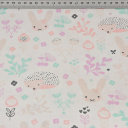 Baumwolle 100% Igel mit Kaninchen auf mint-rosa Wiese  