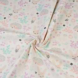Baumwolle 100% Igel mit Kaninchen auf mint-rosa Wiese  