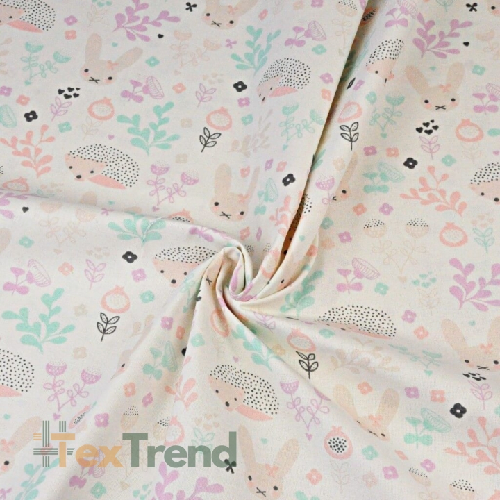 Baumwolle 100% Igel mit Kaninchen auf mint-rosa Wiese  