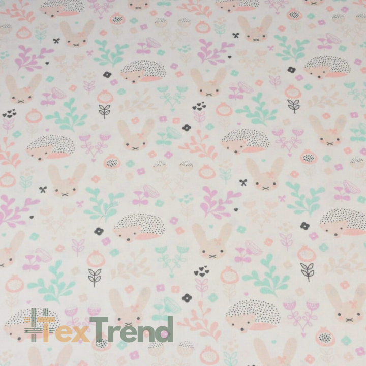 Baumwolle 100% Igel mit Kaninchen auf mint-rosa Wiese  