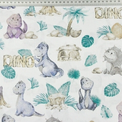 Baumwolle 100% beige-lila Dinosaurier auf weißem Hintergrund  