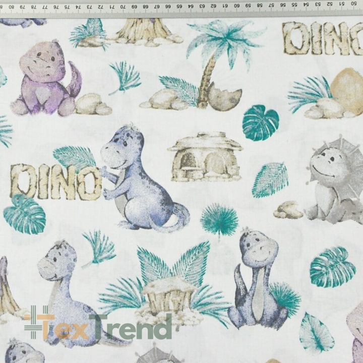 Baumwolle 100% beige-lila Dinosaurier auf weißem Hintergrund  