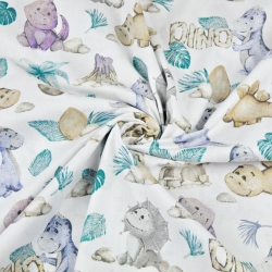 Baumwolle 100% beige-lila Dinosaurier auf weißem Hintergrund  