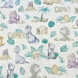 Baumwolle 100% beige-lila Dinosaurier auf weißem Hintergrund  