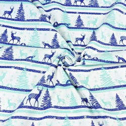 Baumwolle 100% Weihnachtsmuster MINI Rentiere gestreift blau auf weißem Hintergrund  