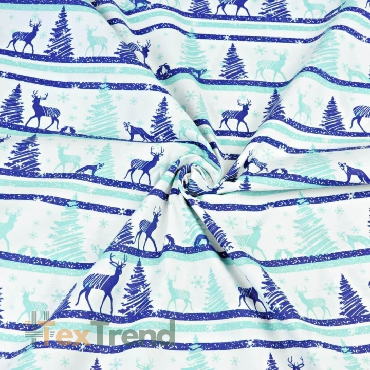Baumwolle 100% Weihnachtsmuster MINI Rentiere gestreift blau auf weißem Hintergrund  