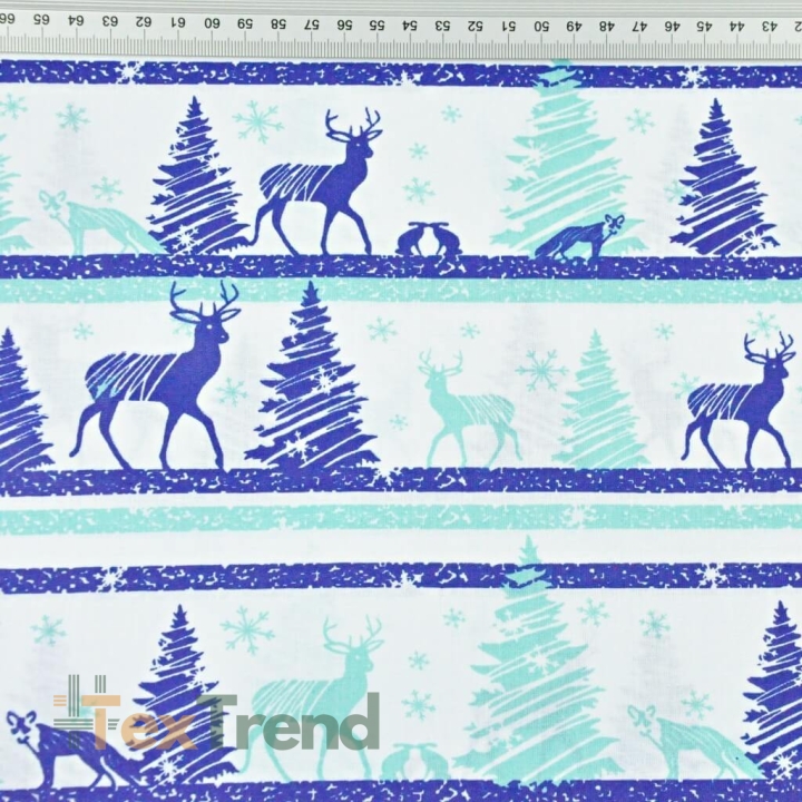 Baumwolle 100% Weihnachtsmuster MINI Rentiere gestreift blau auf weißem Hintergrund  