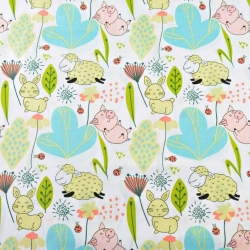 Baumwolle 100% Schweinchen mit Schafen auf der Wiese auf weißem Hintergrund  