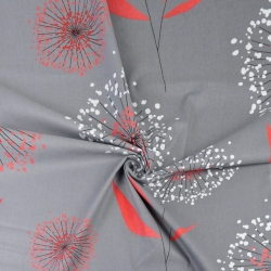 100% Baumwolle - große Pusteblumen in weiß-rot auf grauem Hintergrund  