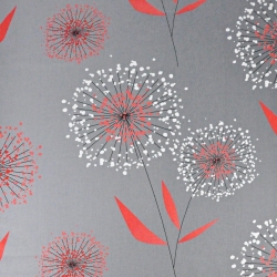 100% Baumwolle - große Pusteblumen in weiß-rot auf grauem Hintergrund  