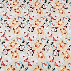 Jersey-Stoff digitaler Druck - weihnachtliche Weihnachtsmänner und Schneemänner auf beigem Hintergrund  