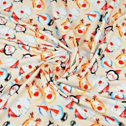 Jersey-Stoff digitaler Druck - weihnachtliche Weihnachtsmänner und Schneemänner auf beigem Hintergrund  