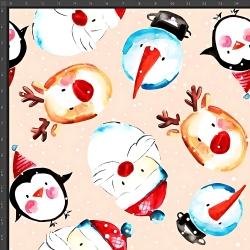 Jersey-Stoff digitaler Druck - weihnachtliche Weihnachtsmänner und Schneemänner auf beigem Hintergrund  