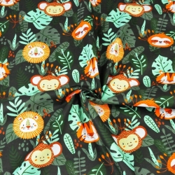 Baumwolle 100% Tiere im Dschungel auf dunkelgrünem Hintergrund  