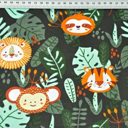 Baumwolle 100% Tiere im Dschungel auf dunkelgrünem Hintergrund  