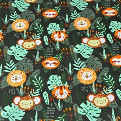Baumwolle 100% Tiere im Dschungel auf dunkelgrünem Hintergrund  