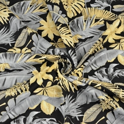100% Baumwolle - gold-graue Blätter auf schwarzem Hintergrund  