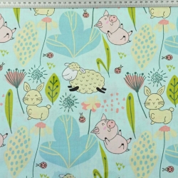 Baumwolle 100% Schweinchen mit Schafen auf der Wiese auf hellmintgrünem Hintergrund  