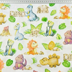 Baumwolle 100% orange-blaue Dinosaurier auf weißem Hintergrund  