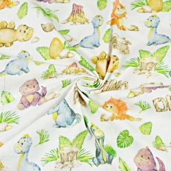 Baumwolle 100% orange-blaue Dinosaurier auf weißem Hintergrund  