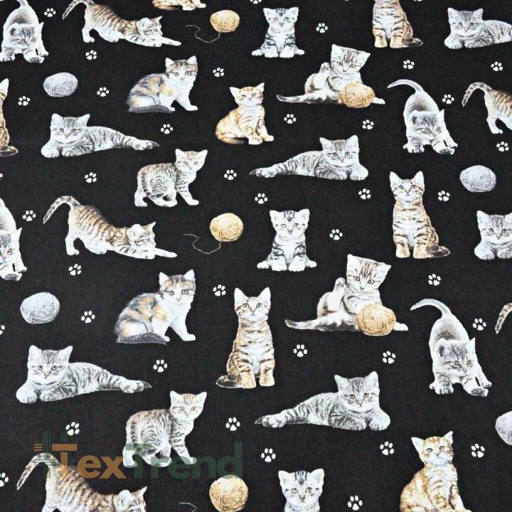 Baumwolle 100% beige-weiße Katzen auf schwarzem Hintergrund  