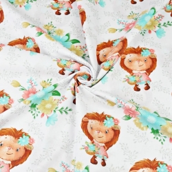 Baumwolle 100% Igel Mädchen mit Blumen auf weißem Hintergrund  