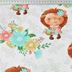 Baumwolle 100% Igel Mädchen mit Blumen auf weißem Hintergrund  