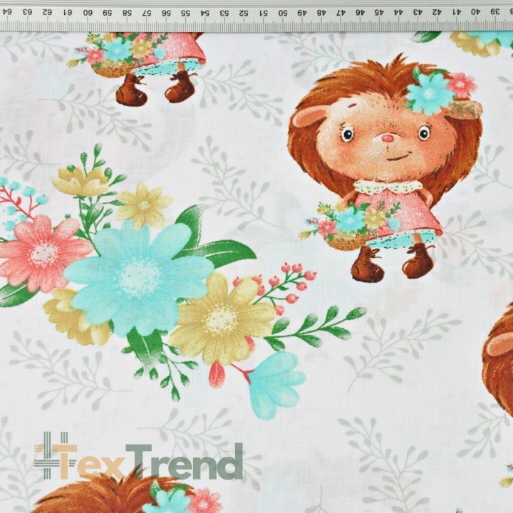 Baumwolle 100% Igel Mädchen mit Blumen auf weißem Hintergrund  