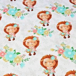 Baumwolle 100% Igel Mädchen mit Blumen auf weißem Hintergrund  