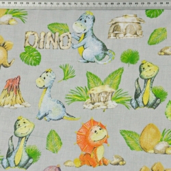 Baumwolle 100% orange-blaue Dinosaurier auf grauem Hintergrund  