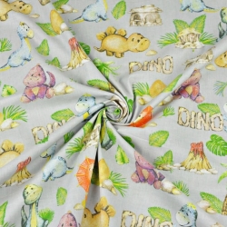 Baumwolle 100% orange-blaue Dinosaurier auf grauem Hintergrund  