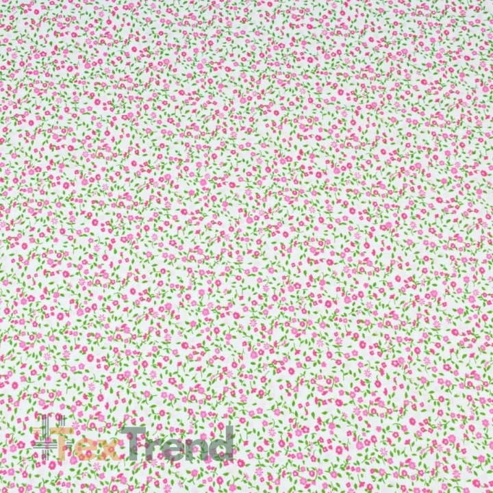 100% Baumwolle - grün-rosa Wiese auf weißem Hintergrund  