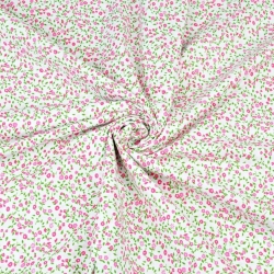 100% Baumwolle - grün-rosa Wiese auf weißem Hintergrund  