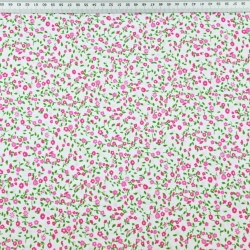 100% Baumwolle - grün-rosa Wiese auf weißem Hintergrund  