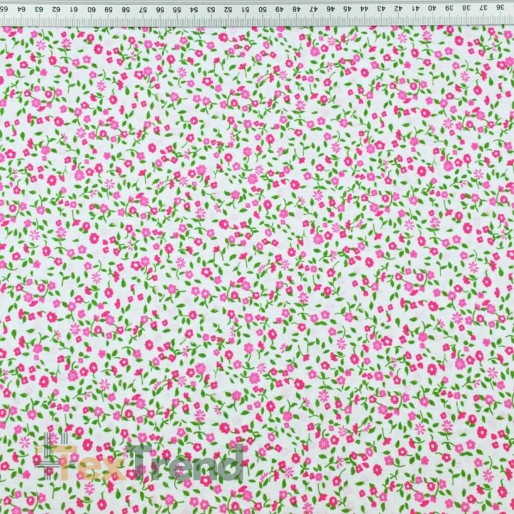 100% Baumwolle - grün-rosa Wiese auf weißem Hintergrund  
