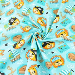 Baumwolle 100% Tiere Piraten auf türkisfarbenem Hintergrund  