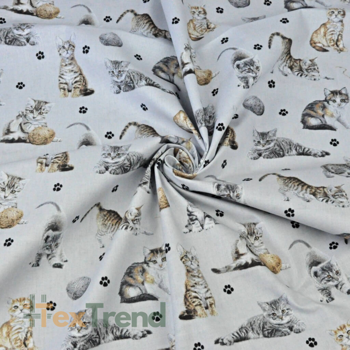 Baumwolle 100% beige-weiße Katzen auf hellgrauem Hintergrund  
