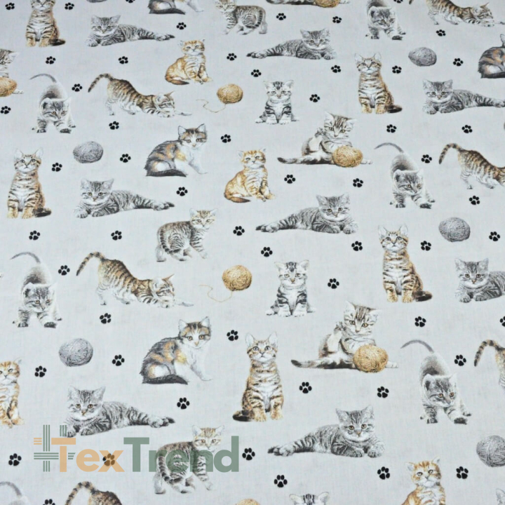Baumwolle 100% beige-weiße Katzen auf hellgrauem Hintergrund  