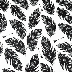 Baumwolle 100% schwarze Aztekenfedern auf weißem Hintergrund  