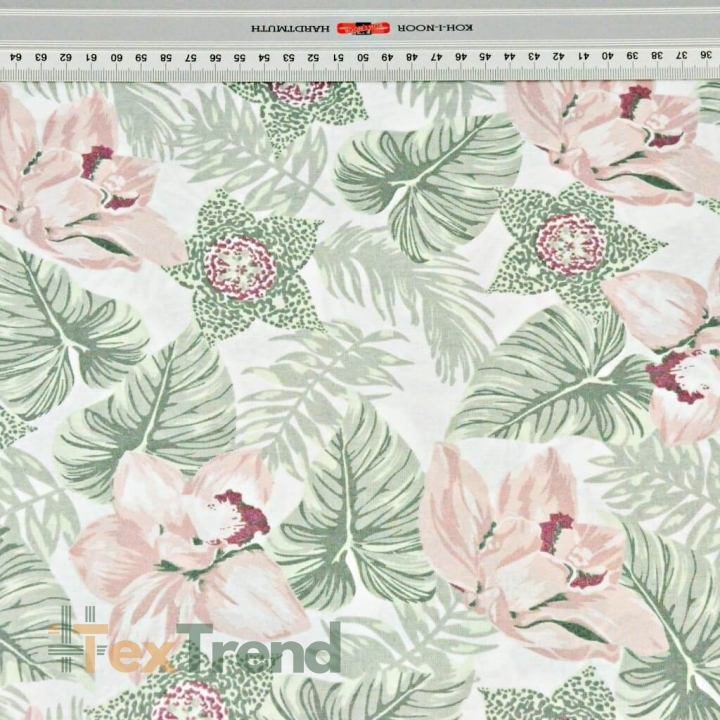 Baumwolle 100% Orchideenblüten mit Salbeiblättern auf weißem Hintergrund  
