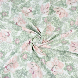 Baumwolle 100% Orchideenblüten mit Salbeiblättern auf weißem Hintergrund  