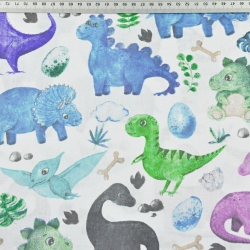 Baumwolle 100% Dinosaurier mit türkisfarbenem Pterodaktylus auf weißem Hintergrund  