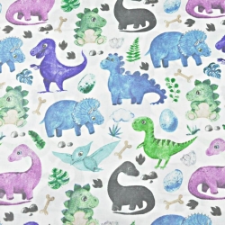 Baumwolle 100% Dinosaurier mit türkisfarbenem Pterodaktylus auf weißem Hintergrund  