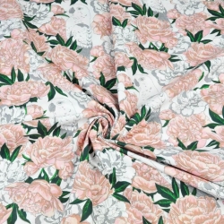 100% Baumwolle rosa Blumen mit Papageien auf weißem Hintergrund  